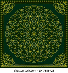 Flower Pattern. Mandala. Circular ornament. Indian, arabic, persian, ottoman style. Design for print on silk neck scarf, kerchief, pillow, bandana, carpet.