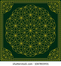 Flower Pattern. Mandala. Circular ornament. Indian, arabic, persian, ottoman style. Design for print on silk neck scarf, kerchief, pillow, bandana, carpet.