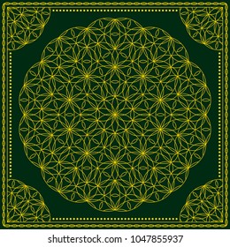 Flower Pattern. Mandala. Circular ornament. Indian, arabic, persian, ottoman style. Design for print on silk neck scarf, kerchief, pillow, bandana, carpet.