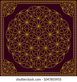 Flower Pattern. Mandala. Circular ornament. Indian, arabic, persian, ottoman style. Design for print on silk neck scarf, kerchief, pillow, bandana, carpet.