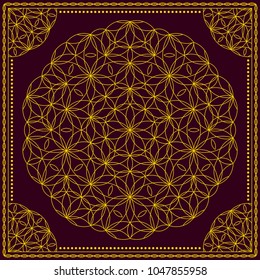 Flower Pattern. Mandala. Circular ornament. Indian, arabic, persian, ottoman style. Design for print on silk neck scarf, kerchief, pillow, bandana, carpet.