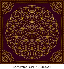 Flower Pattern. Mandala. Circular ornament. Indian, arabic, persian, ottoman style. Design for print on silk neck scarf, kerchief, pillow, bandana, carpet.