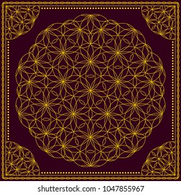 Flower Pattern. Mandala. Circular ornament. Indian, arabic, persian, ottoman style. Design for print on silk neck scarf, kerchief, pillow, bandana, carpet.