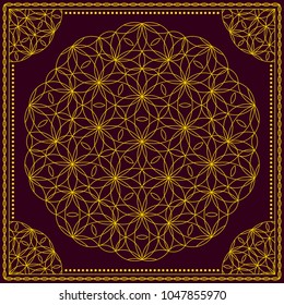 Flower Pattern. Mandala. Circular ornament. Indian, arabic, persian, ottoman style. Design for print on silk neck scarf, kerchief, pillow, bandana, carpet.