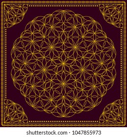 Flower Pattern. Mandala. Circular ornament. Indian, arabic, persian, ottoman style. Design for print on silk neck scarf, kerchief, pillow, bandana, carpet.