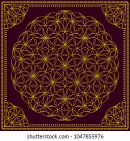 Flower Pattern. Mandala. Circular ornament. Indian, arabic, persian, ottoman style. Design for print on silk neck scarf, kerchief, pillow, bandana, carpet.