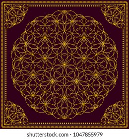 Flower Pattern. Mandala. Circular ornament. Indian, arabic, persian, ottoman style. Design for print on silk neck scarf, kerchief, pillow, bandana, carpet.