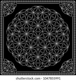 Flower Pattern. Mandala. Circular ornament. Indian, arabic, persian, ottoman style. Design for print on silk neck scarf, kerchief, pillow, bandana, carpet.