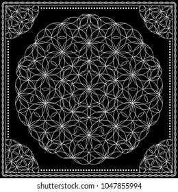 Flower Pattern. Mandala. Circular ornament. Indian, arabic, persian, ottoman style. Design for print on silk neck scarf, kerchief, pillow, bandana, carpet.