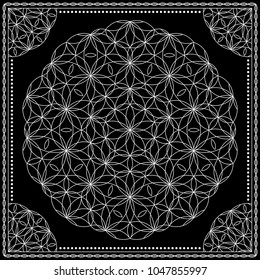 Flower Pattern. Mandala. Circular ornament. Indian, arabic, persian, ottoman style. Design for print on silk neck scarf, kerchief, pillow, bandana, carpet.