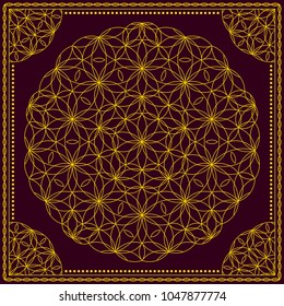 Flower Pattern. Mandala. Circular ornament. Indian, arabic, persian, ottoman style. Design for print on silk neck scarf, kerchief, pillow, bandana, carpet.
