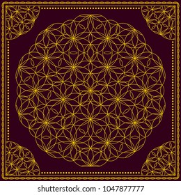 Flower Pattern. Mandala. Circular ornament. Indian, arabic, persian, ottoman style. Design for print on silk neck scarf, kerchief, pillow, bandana, carpet.
