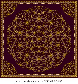 Flower Pattern. Mandala. Circular ornament. Indian, arabic, persian, ottoman style. Design for print on silk neck scarf, kerchief, pillow, bandana, carpet.
