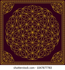 Flower Pattern. Mandala. Circular ornament. Indian, arabic, persian, ottoman style. Design for print on silk neck scarf, kerchief, pillow, bandana, carpet.
