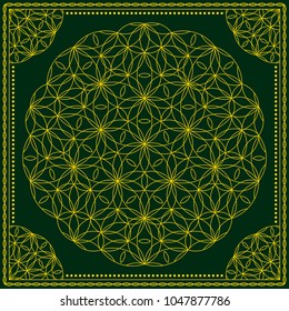 Flower Pattern. Mandala. Circular ornament. Indian, arabic, persian, ottoman style. Design for print on silk neck scarf, kerchief, pillow, bandana, carpet.
