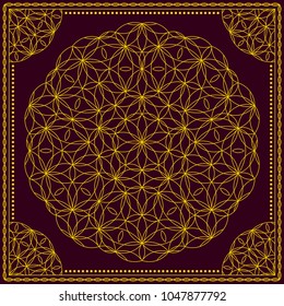 Flower Pattern. Mandala. Circular ornament. Indian, arabic, persian, ottoman style. Design for print on silk neck scarf, kerchief, pillow, bandana, carpet.
