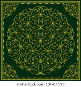 Flower Pattern. Mandala. Circular ornament. Indian, arabic, persian, ottoman style. Design for print on silk neck scarf, kerchief, pillow, bandana, carpet.
