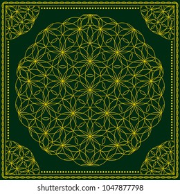 Flower Pattern. Mandala. Circular ornament. Indian, arabic, persian, ottoman style. Design for print on silk neck scarf, kerchief, pillow, bandana, carpet.
