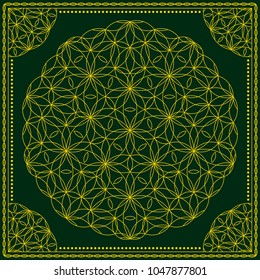 Flower Pattern. Mandala. Circular ornament. Indian, arabic, persian, ottoman style. Design for print on silk neck scarf, kerchief, pillow, bandana, carpet.
