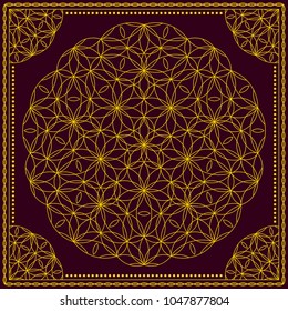 Flower Pattern. Mandala. Circular ornament. Indian, arabic, persian, ottoman style. Design for print on silk neck scarf, kerchief, pillow, bandana, carpet.
