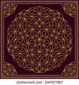 Flower Pattern. Mandala. Circular ornament. Indian, arabic, persian, ottoman style. Design for print on silk neck scarf, kerchief, pillow, bandana, carpet.
