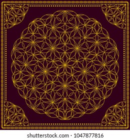 Flower Pattern. Mandala. Circular ornament. Indian, arabic, persian, ottoman style. Design for print on silk neck scarf, kerchief, pillow, bandana, carpet.
