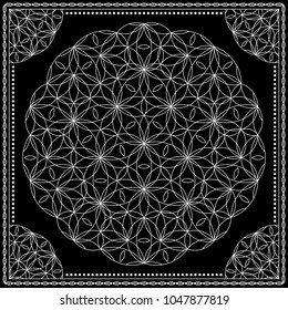 Flower Pattern. Mandala. Circular ornament. Indian, arabic, persian, ottoman style. Design for print on silk neck scarf, kerchief, pillow, bandana, carpet.
