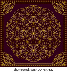 Flower Pattern. Mandala. Circular ornament. Indian, arabic, persian, ottoman style. Design for print on silk neck scarf, kerchief, pillow, bandana, carpet.
