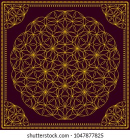 Flower Pattern. Mandala. Circular ornament. Indian, arabic, persian, ottoman style. Design for print on silk neck scarf, kerchief, pillow, bandana, carpet.
