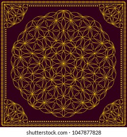 Flower Pattern. Mandala. Circular ornament. Indian, arabic, persian, ottoman style. Design for print on silk neck scarf, kerchief, pillow, bandana, carpet.
