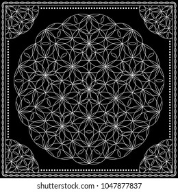 Flower Pattern. Mandala. Circular ornament. Indian, arabic, persian, ottoman style. Design for print on silk neck scarf, kerchief, pillow, bandana, carpet.
