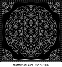 Flower Pattern. Mandala. Circular ornament. Indian, arabic, persian, ottoman style. Design for print on silk neck scarf, kerchief, pillow, bandana, carpet.
