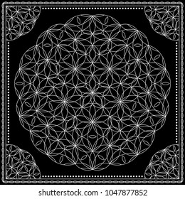 Flower Pattern. Mandala. Circular ornament. Indian, arabic, persian, ottoman style. Design for print on silk neck scarf, kerchief, pillow, bandana, carpet.
