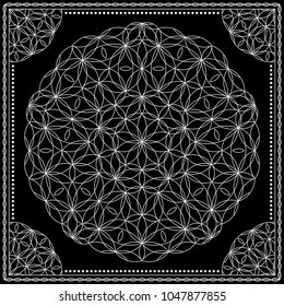 Flower Pattern. Mandala. Circular ornament. Indian, arabic, persian, ottoman style. Design for print on silk neck scarf, kerchief, pillow, bandana, carpet.
