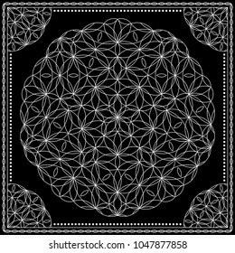 Flower Pattern. Mandala. Circular ornament. Indian, arabic, persian, ottoman style. Design for print on silk neck scarf, kerchief, pillow, bandana, carpet.
