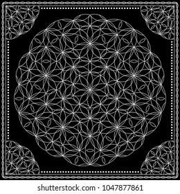 Flower Pattern. Mandala. Circular ornament. Indian, arabic, persian, ottoman style. Design for print on silk neck scarf, kerchief, pillow, bandana, carpet.
