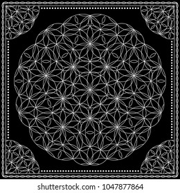 Flower Pattern. Mandala. Circular ornament. Indian, arabic, persian, ottoman style. Design for print on silk neck scarf, kerchief, pillow, bandana, carpet.
