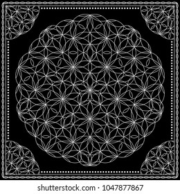 Flower Pattern. Mandala. Circular ornament. Indian, arabic, persian, ottoman style. Design for print on silk neck scarf, kerchief, pillow, bandana, carpet.
