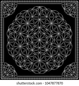 Flower Pattern. Mandala. Circular ornament. Indian, arabic, persian, ottoman style. Design for print on silk neck scarf, kerchief, pillow, bandana, carpet.
