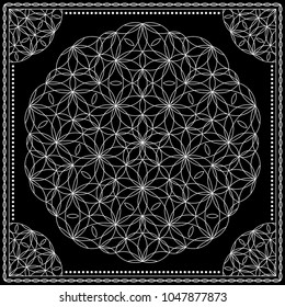 Flower Pattern. Mandala. Circular ornament. Indian, arabic, persian, ottoman style. Design for print on silk neck scarf, kerchief, pillow, bandana, carpet.
