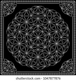 Flower Pattern. Mandala. Circular ornament. Indian, arabic, persian, ottoman style. Design for print on silk neck scarf, kerchief, pillow, bandana, carpet.
