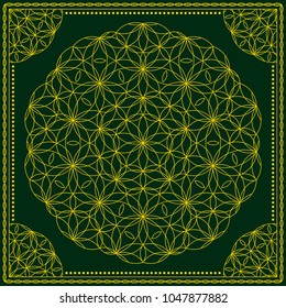 Flower Pattern. Mandala. Circular ornament. Indian, arabic, persian, ottoman style. Design for print on silk neck scarf, kerchief, pillow, bandana, carpet.
