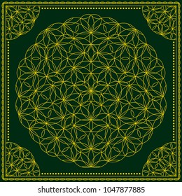 Flower Pattern. Mandala. Circular ornament. Indian, arabic, persian, ottoman style. Design for print on silk neck scarf, kerchief, pillow, bandana, carpet.
