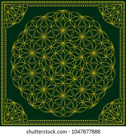 Flower Pattern. Mandala. Circular ornament. Indian, arabic, persian, ottoman style. Design for print on silk neck scarf, kerchief, pillow, bandana, carpet.
