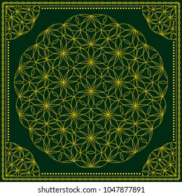 Flower Pattern. Mandala. Circular ornament. Indian, arabic, persian, ottoman style. Design for print on silk neck scarf, kerchief, pillow, bandana, carpet.
