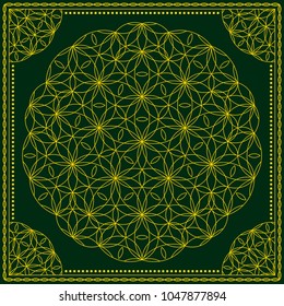 Flower Pattern. Mandala. Circular ornament. Indian, arabic, persian, ottoman style. Design for print on silk neck scarf, kerchief, pillow, bandana, carpet.
