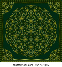 Flower Pattern. Mandala. Circular ornament. Indian, arabic, persian, ottoman style. Design for print on silk neck scarf, kerchief, pillow, bandana, carpet.
