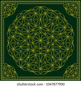 Flower Pattern. Mandala. Circular ornament. Indian, arabic, persian, ottoman style. Design for print on silk neck scarf, kerchief, pillow, bandana, carpet.
