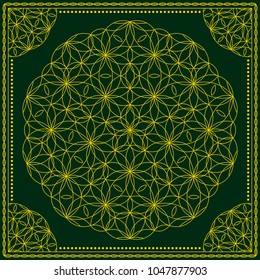 Flower Pattern. Mandala. Circular ornament. Indian, arabic, persian, ottoman style. Design for print on silk neck scarf, kerchief, pillow, bandana, carpet.
