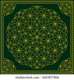 Flower Pattern. Mandala. Circular ornament. Indian, arabic, persian, ottoman style. Design for print on silk neck scarf, kerchief, pillow, bandana, carpet.
